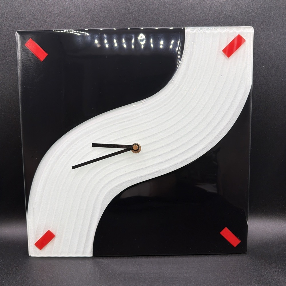 Fused Art Glass Clock 12" x 12" Red Black White Modern Abstract Art Deco *READ